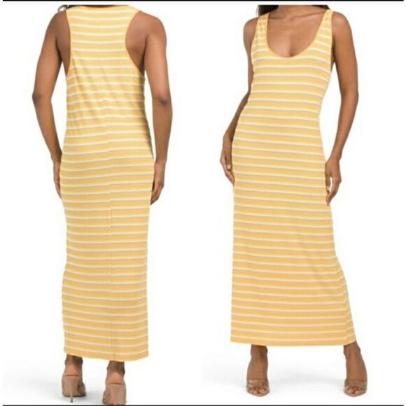 Zara Women's Striped Scoop Neck Ribbed Racerback Maxi Dress Yellow White Medium - Picture 1 of 4